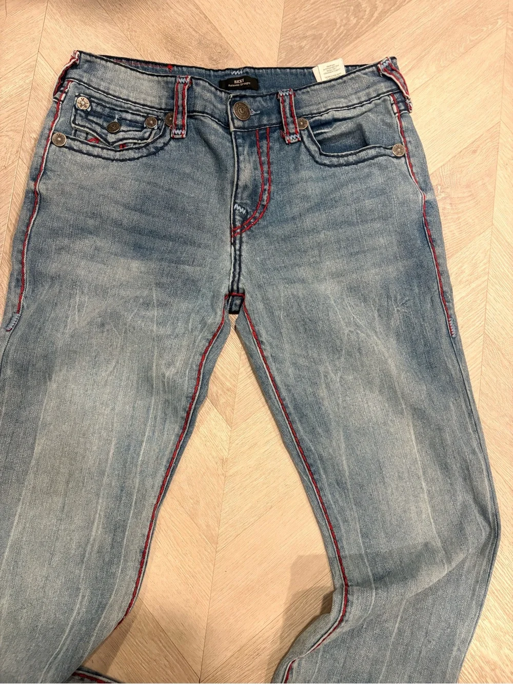True Religion Light Wash Denim Jeans with Red Stitching